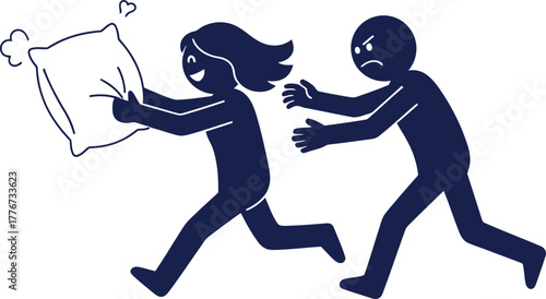 Woman running with pillow chased by angry man pillow fight playful