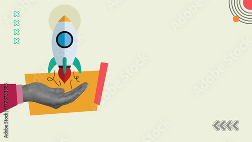 A rocket launching from a hand. Art collage