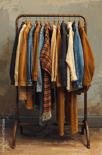 Wallpaper Mural A clothing rack displaying a mix of cozy second-hand pieces including wool, denim, and corduroy. Represents thrift fashion and a sustainable, layered winter wardrobe.
 Torontodigital.ca