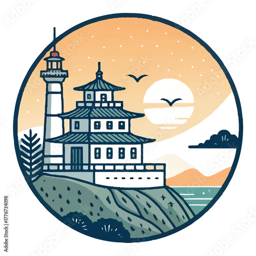 Scenic Lighthouse and Pagoda on Coastal Cliff – Sunset Landscape Illustration