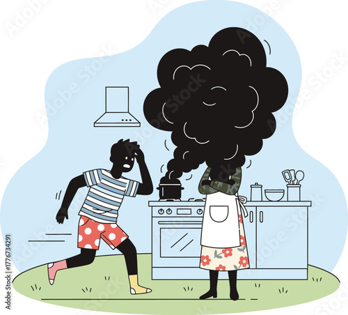 Person running from kitchen fire with person wearing camouflage apron in smoke cooking accident