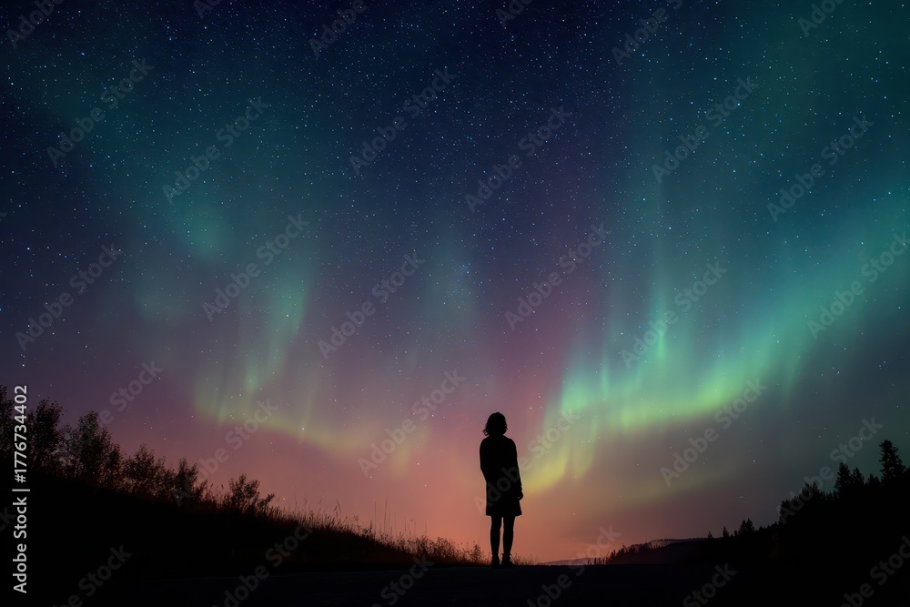 Fototapeta premium Silhouette gazes upon the swirling aurora borealis, a stunning display of nature's artistry under the vast, starlit expanse of the night sky.