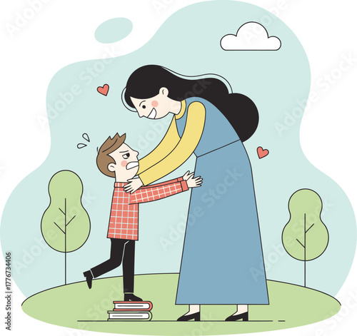 Mother Hugging Reluctant Son Standing on Books with Hearts Floating embrace love
