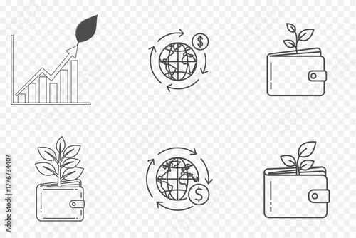Six black-and-white icons symbolizing financial growth, global economy, eco-friendly wallet, plant, investment, and sustainability concepts.