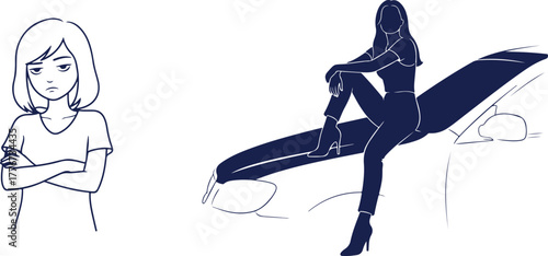 Sad Woman Standing Arms Crossed Next to Woman Sitting on Car Hood vector illustration