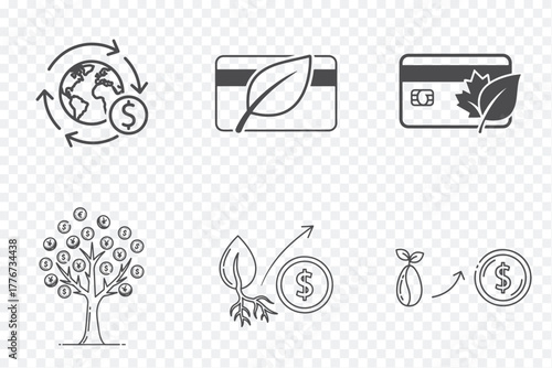 Six black-and-white icons representing eco-friendly practices, recycling, sustainability, and digital transactions, ideal for green finance themes.