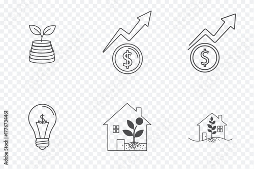 Six minimalist icons representing financial growth, investment, and sustainability with plant, house, and graph symbols in black and white.