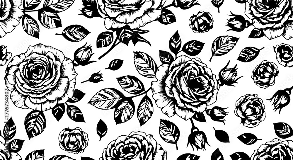 Naklejka premium Seamless Hand-Drawn Rose Pattern in Vintage Botanical StyleBlack and White Rose Flower Illustration Seamless BackgroundFloral Line Art Pattern with Roses and Leaves