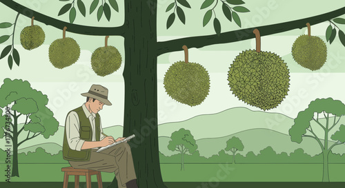 A Durian Farmer Documenting Notes in Orchard Underneath a Tree With Fruit