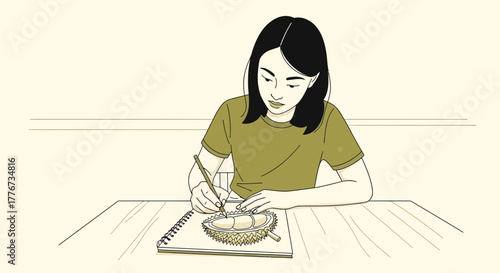 A Person Sketches a Durian Fruit Inside a Notebook on A Wooden Table at Day Time