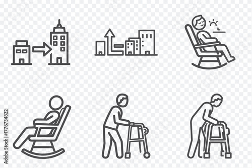 Six black-and-white icons depicting elderly care, urban buildings, and accessibility tools like wheelchair and walker.
