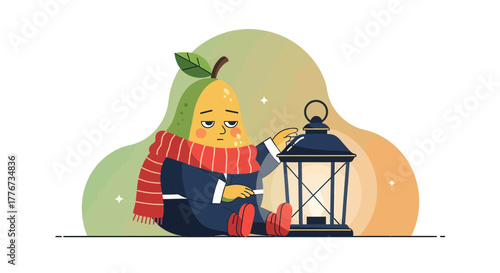 A Weary Pear Person Leans on a Lantern in a Whimsical Illustration