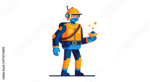 Astronaut Holding Mystical Stars and Glowing Cosmic Spheres in a Modern Illustration