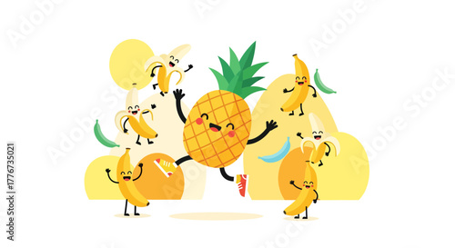 Cheerful Pineapple And Banana Fruits Enjoying A Playful Moment Together With Joy