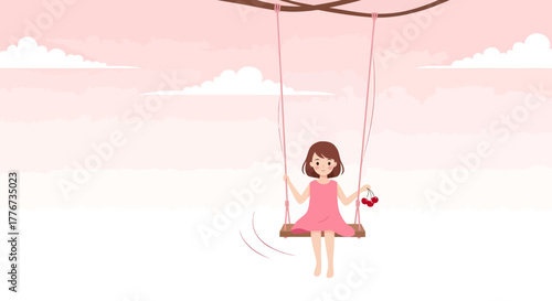 Charming Girl Swinging On A Pink Swing With Some Adorable Cherries Against The Sky