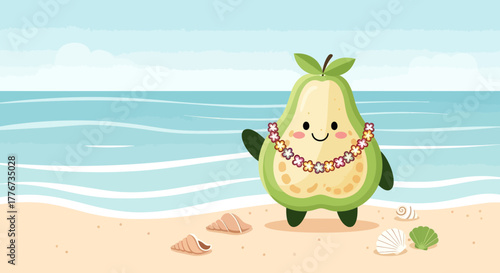 Cheerful Avocado Character Enjoying Sunny Beach Vacation With Floral Necklace