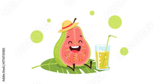 Cheerful Guava Illustration With A Straw Hat Enjoying A Refreshing Guava Juice