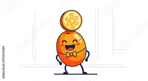 Cheerful Kumquat With Bowtie Balancing A Kumquat Slice On Its Head And Smiling
