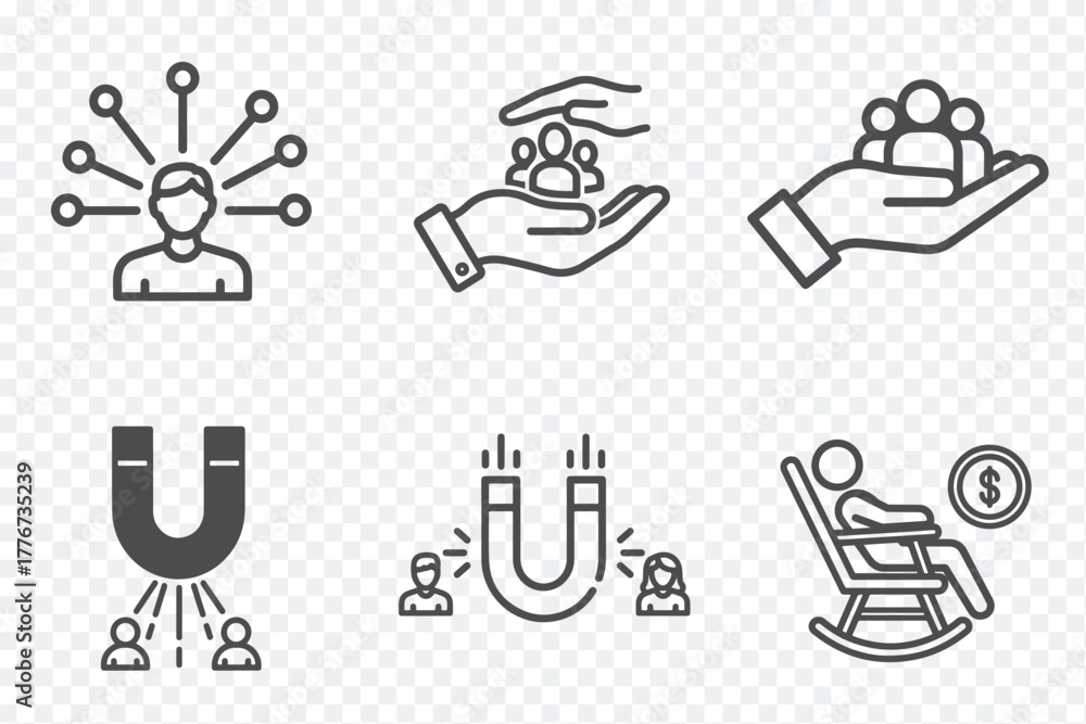 Fototapeta premium Six minimalist icons in black and white: network, support, teamwork, magnetism, science, and retirement concepts.