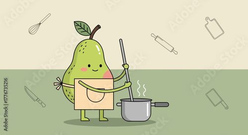 Chef Pear Adorably Cooking, Whimsical Kitchen Cartoon Illustration Design  Concept