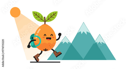 Cheerful Orange Character Trekking Up Mountains Towards a Glowing Sun in a Delightful Scene