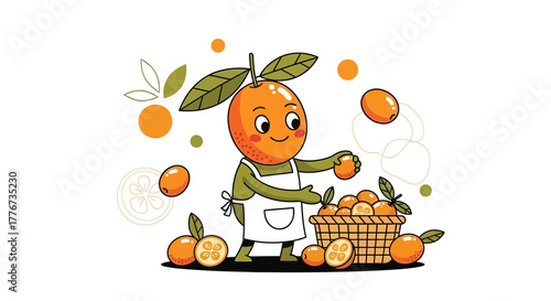 Cheerful Orange Character Harvesting Citrus Fruits From The Basket With Joy