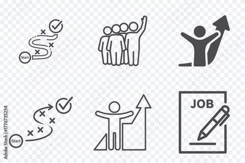 Six minimalist icons symbolizing career growth, teamwork, job search, and success in black and white design.