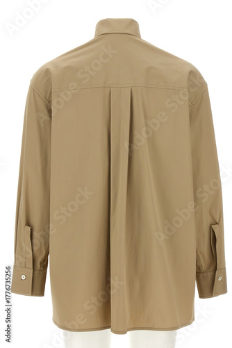 Back view of a classic tan long sleeve button down shirt with folded cuffs and pleats on the yoke for a comfortable fit