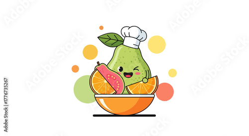 Chef Pear Serving Healthy Fruits with a Cute Smiling Face Vector Illustration Concept