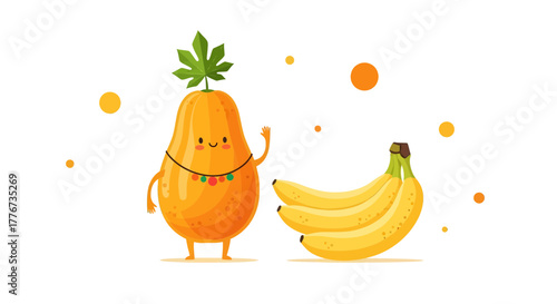 Cheerful Papaya Character And Bananas In A Playful, Bright And Delightful Cartoon Illustration
