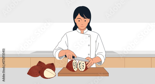 Chef Preparing Exotic Fruit Salak, Culinary Demonstration With Animated Illustration