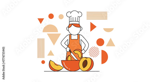 Chef Preparing Fresh Sliced Peaches With Geometric Backgrounds In Flat Design Style