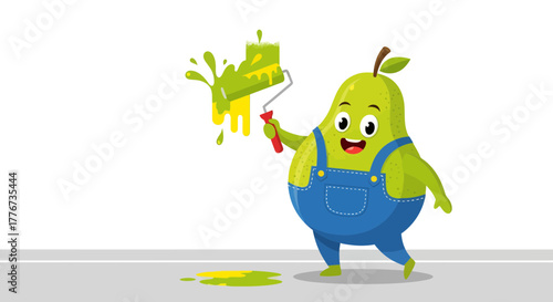 Cheerful Pear Character Paints Wall With Roller, Spreading Vibrant Color Impression