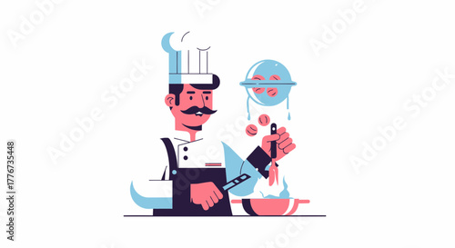 Chef Preparing Gourmet Meal With Ingenious Culinary Techniques, An Artistic Illustration
