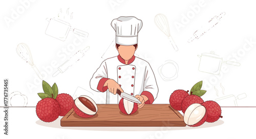 Chef Preparing Lychee Fruits on Wooden Board in a Modern Minimalist Illustration