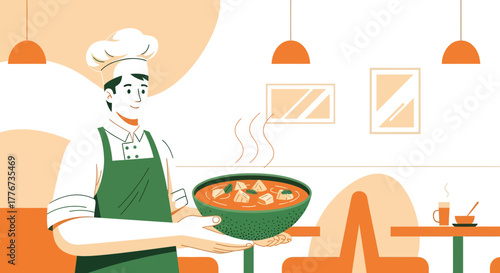 Chef Presenting Appetizing Bowl of Soup in Restaurant, Culinary Illustration with Charming Vibe