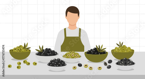 Chef Presenting Assortment Of Olives, Various Types Arranged In Bowls On The Table