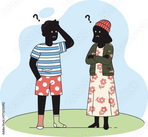 Two silhouetted figures with question marks above their heads looking confused questioning