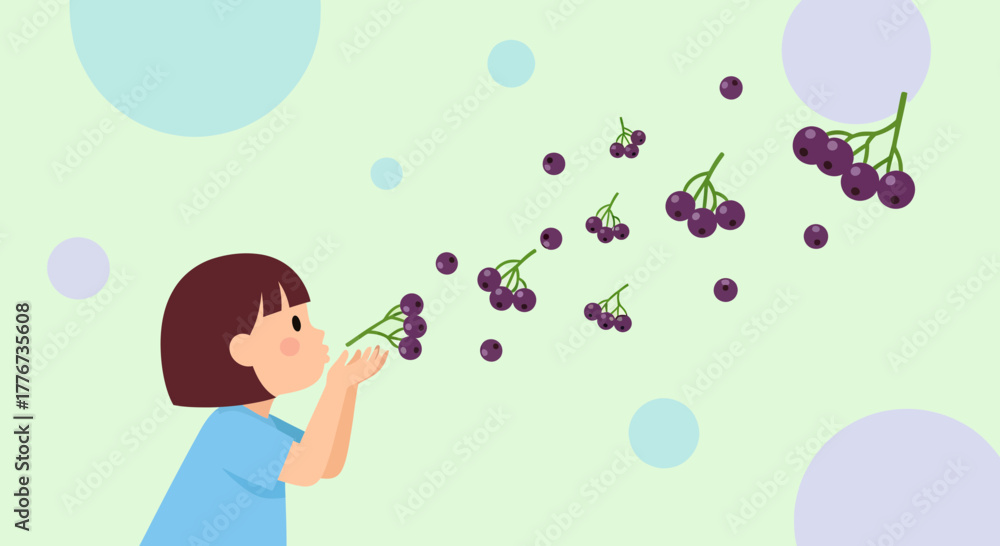 Fototapeta premium Child Blowing Berries: A Playful Illustration of Nature's Whimsical Delights