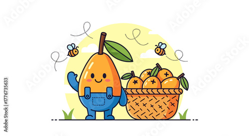 Cheerful Pear Mascot With Basket of Fruits and Flying Bees Illustrative Digital Art