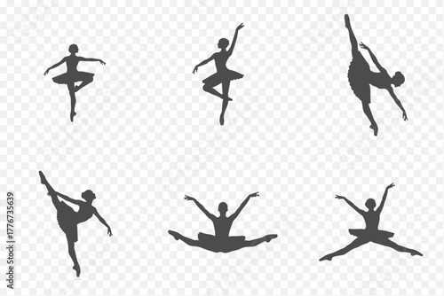 Six black silhouettes of ballet dancers performing different poses, set against a clean white background for artistic use.