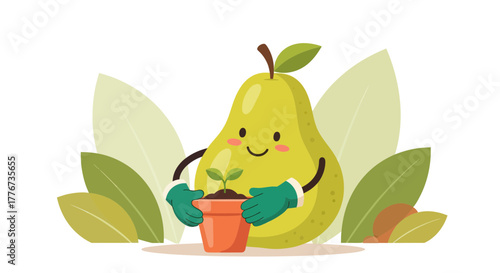Cheerful Pear Planting a Sapling in a Pot with a Smiling Expression