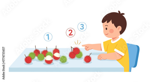 Child Learning Count Demonstrating Food with Fruits, Counting and Colorful Educational Illustration