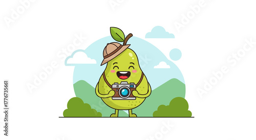 Cheerful Pear Photographer Capturing Scenic Landscapes with Camera, Delightful Illustration