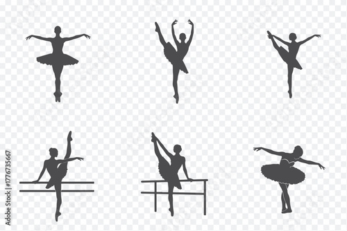 Collection of six black ballet dancer silhouettes performing different poses and ballet barre exercises on transparent background.