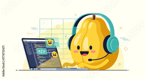 Cheerful Pear Shape Character Codes, While Wearing Headphones, Creates Digital Content and