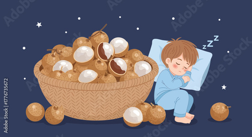 Child Sleeping Peacefully Near a Basket of Longan Fruits Under a Starry Night Sky