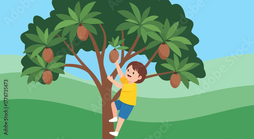Child Reaching For Exotic Fruit From A Lush Tree In Verdant Green Landscape