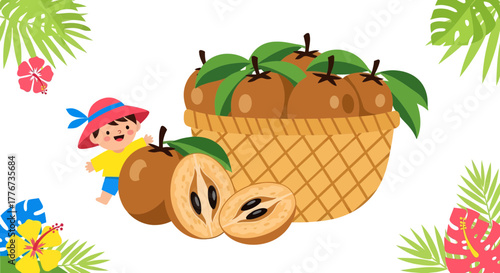 Child With Exotic Sapodilla Fruit And Tropical Flora Composition With A Basket of Fruit