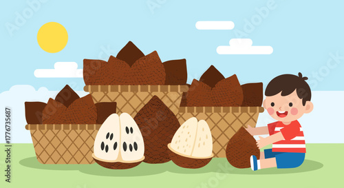Child With Salak Fruits And Basket Enjoying Sunny Day Flat Illustration